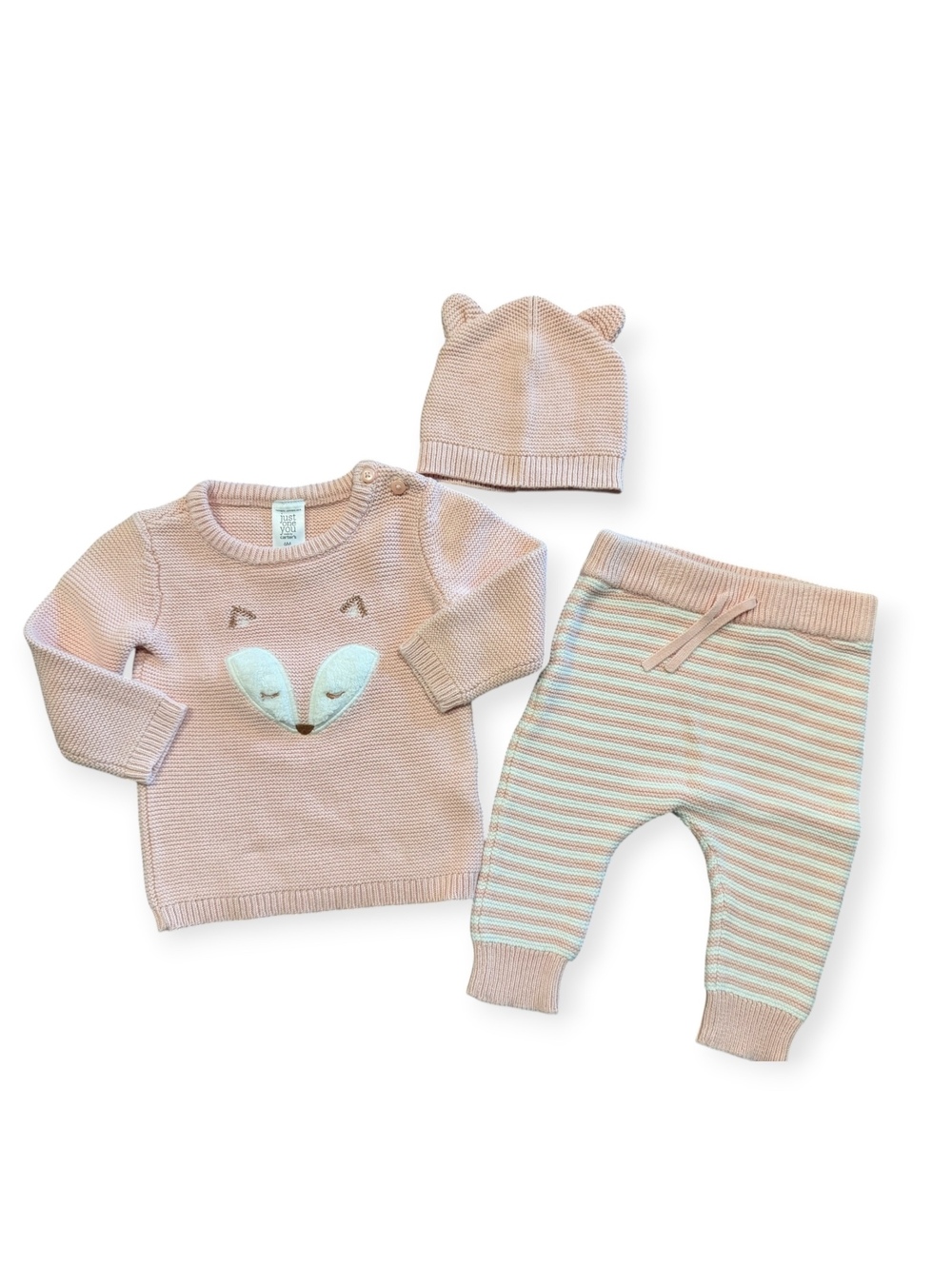 Carter's Baby Girl 3-Piece Knit Set w/Fox Sweater, Pants & Bear Ear Hat -Size 6M
